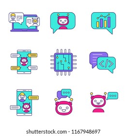 Chatbots color icons set. Talkbots. Support service, chat, messenger bots. Modern robots. Digital brain and processor. Chatterbots. Isolated vector illustrations
