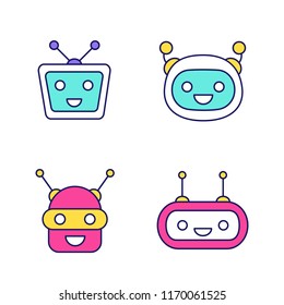 Chatbots color icons set. Talkbots. Laughing virtual assistants collection. Conversational agents. Modern robots. Isolated vector illustrations