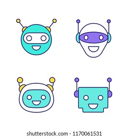Chatbots color icons set. Talkbots. Laughing virtual assistants collection. Conversational agents. Modern robots. Isolated vector illustrations