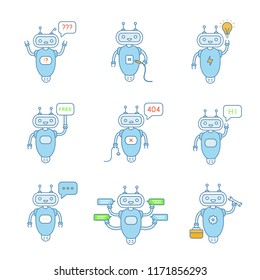 Chatbots color icons set. Talkbots. Question, USB, idea, free, not found, hi, error, typing, repair chat bots. Modern robots. Isolated vector illustrations