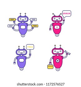 Chatbots color icons set. Talkbots. Virtual assistants. Support service, free, error, repair chat bots. Modern robots. Isolated vector illustrations