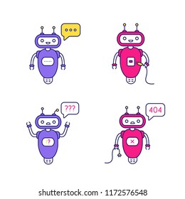 Chatbots color icons set. Talkbots. Virtual assistants. Typing, USB, question, not found chat bots. Modern robots. Isolated vector illustrations