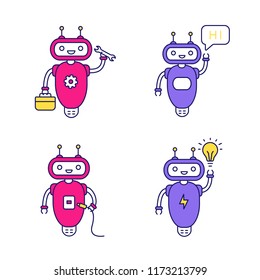Chatbots color icons set. Talkbots. Virtual assistants. Repair, hi, USB, new idea chat bots. Modern robots. Isolated vector illustrations