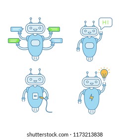 Chatbots color icons set. Talkbots. Virtual assistants. Support service, hi, USB, new idea chat bots. Modern robots. Isolated vector illustrations