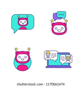 Chatbots color icons set. Virtual assistants. Messenger and chat bots. Modern robots. Smartphone and laptop chatterbots. Isolated vector illustrations