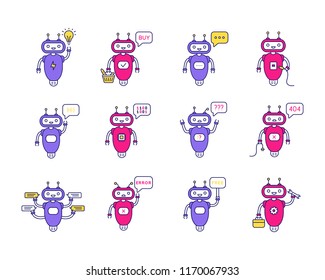 Chatbots color icons set. Virtual assistants. Talkbots. Chat, error, buy, free, repair, idea bots. Modern robots. Isolated vector illustrations