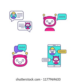 Chatbots color icons set. Virtual assistants. Messenger and chat bots. Modern robots. Smartphone chatterbots. Isolated vector illustrations