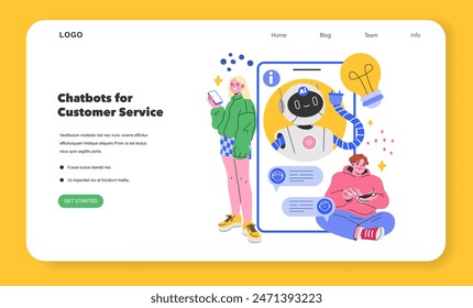 Chatbots for Customer Service concept. Digital customer support page with chatbot and users interacting. Vector illustration in a modern, flat design style.