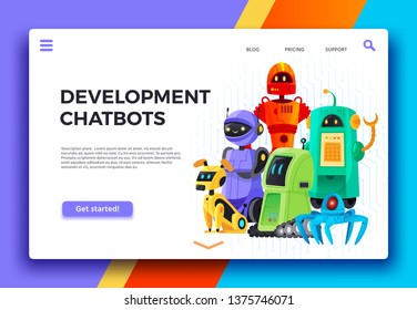 Chatbots development. Digital chatbot assistant, friendly robots and assistance robot landing page cartoon vector illustration