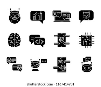 Chatbots glyph icons set. Silhouette symbols. Chat bots. Talkbots. Virtual assistants. Support, chat, code, messenger bots. Online helpers. Vector isolated illustration