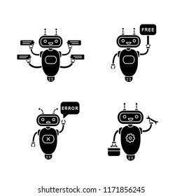 Chatbots glyph icons set. Talkbots. Virtual assistants. Support service, free, error, repair chat bots. Modern robots. Silhouette symbols. Vector isolated illustration