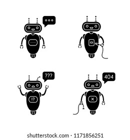 Chatbots glyph icons set. Talkbots. Virtual assistants. Typing, USB, question, not found chat bots. Modern robots. Silhouette symbols. Vector isolated illustration