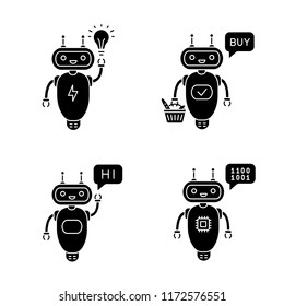 Chatbots glyph icons set. Talkbots. Virtual assistants. New idea, buy, hi, code chat bots. Modern robots. Silhouette symbols. Vector isolated illustration