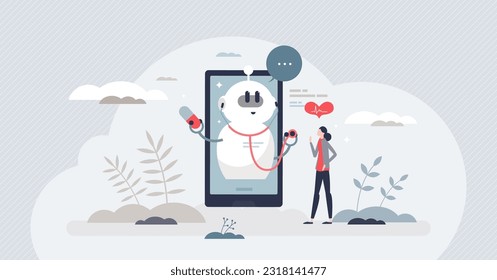 Chatbots in healthcare with health support and assistance tiny person concept. Digital doctor with patient treatment consultations, prescriptions specialist and smart modern tool vector illustration.