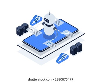 Chatbots in healthcare for improved patient engagement and communication. Artificial intelligence in healthcare isometric illustration.