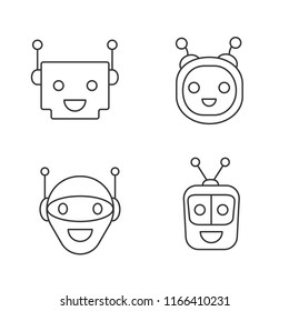 Chatbots linear icons set. Laughing virtual assistants collection. Modern robots. Conversational agents. Thin line illustration. Contour symbol. Vector isolated outline drawing. Editable stroke