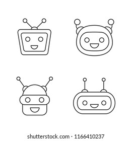 Chatbots linear icons set. Laughing virtual assistants collection. Conversational agents. Thin line illustration. Modern robots. Contour symbol. Vector isolated outline drawing. Editable stroke