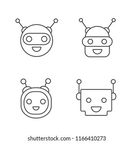 Chatbots linear icons set. Laughing virtual assistants collection. Conversational agents. Thin line illustration. Modern robots. Contour symbol. Vector isolated outline drawing. Editable stroke