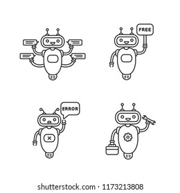 Chatbots linear icons set. Talkbot. Virtual assistants. Support service, free, error, repair chat bots. Modern robots. Thin line contour symbols. Isolated vector outline illustrations. Editable stroke