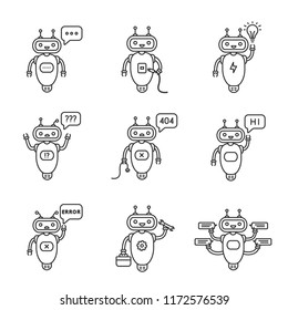 Chatbots linear icons set. Talkbots. Typing, USB, idea, question, not found, error, repair, chat bots. Modern robots. Thin line contour symbols. Isolated vector outline illustrations. Editable stroke