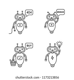 Chatbots linear icons set. Talkbots. Virtual assistants. Not found, error, buy, new idea chat bots. Modern robots. Thin line contour symbols. Isolated vector outline illustrations. Editable stroke
