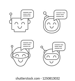 Chatbots messages linear icons set. Talkbots. Laughing virtual assistants. Conversational agents. Modern robots. Thin line contour symbols. Isolated vector outline illustrations. Editable stroke