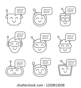Chatbots messages linear icons set. Talkbots. Laughing virtual assistants. Conversational agents. Modern robots. Thin line contour symbols. Isolated vector outline illustrations. Editable stroke