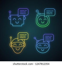 Chatbots messages neon light icons set. Talkbots. Laughing virtual assistants. Conversational agents. Modern robots. Glowing signs. Vector isolated illustrations