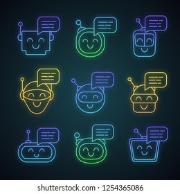 Chatbots messages neon light icons set. Talkbots. Laughing virtual assistants. Conversational agents. Modern robots. Glowing signs. Vector isolated illustrations