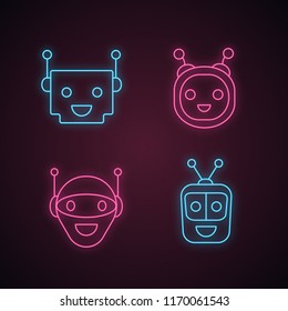 Chatbots neon light icons set. Talkbots. Laughing virtual assistants collection. Modern robots. Conversational agents. Glowing signs. Vector isolated illustrations