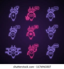 Chatbots neon light icons set. Talkbots. Idea, buy, text, hi, code, question, chat, free, error bots. Modern robots. Glowing signs. Vector isolated illustrations