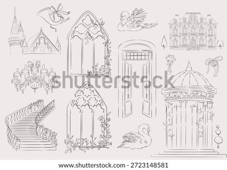 Chateau Architecture, Romantic Elements. Vintage Vector Sketch Collection
