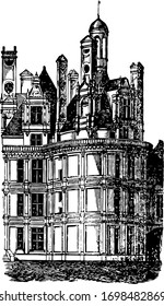 Chateau of Chambord, one of the most recognizable chteaux,  vintage engraving.
