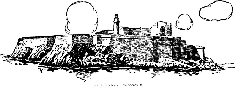 The Chateau D'If in Marseilles, France. Showing images of ancient french castle buildings in it, vintage line drawing or engraving 