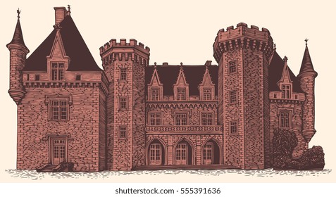 Chateau. Hand drawn engraving. Vector vintage illustration. Isolated on color background. 8 EPS