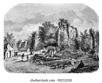 Chateau of   Sainte-Suzanne, interior view. - Drawing Catenacci, vintage engraved illustration. Magasin Pittoresque 1875.