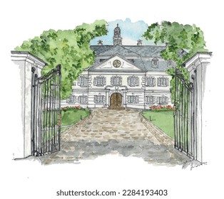 Chateau, wedding venue, Slovakia, gates, drive, grand country house. Watercolor sketch illustration. Isolated vector.