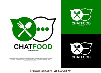 ChatFood logo: speech bubbles with fork and spoon. Ideal for food delivery, reviews, or restaurant services.