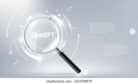 ChatGPT conversation method illustrations. Artificial intelligence chatbot on magnifying glass with copyspace, ChatGPT AI Chatbot search engine concept, vector illustration