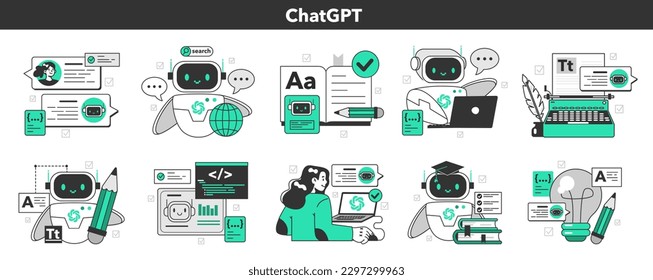 Juego de ChatGPT. Comunicación en línea con el robot de chat de inteligencia artificial. Diálogo virtual con asistente de ai. Robot o androide con red de neuronas artificial. Tecnología moderna. Ilustración vectorial plana