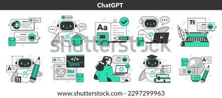 ChatGPT set. Online communication with artificial intelligence chat bot. Virtual dialog with ai assistant. Robot or android with artificial neuron network. Modern technology. Flat vector illustration