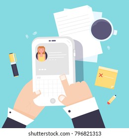 Chating concept. Man holding in hand smartphone. Messaging businessman during work time