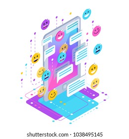 Chating. Isometric chat concept with mobile phone, emoji icons, message bubbles. Vector illustration.