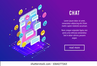 Chating. Isometric chat concept with mobile phone, emoji icons, message bubbles. Trendy isometric background.Vector illustration.