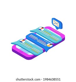 Chating. Isometric concept with mobile phone and chat. Chat: send and receive messages and sms. Online conversation. Social network. Vector illustration.