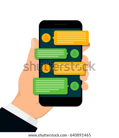 Chating and messaging concept. Hand holding smartphone isolated on white background. Social network concept. Vector illustration. Flat design.