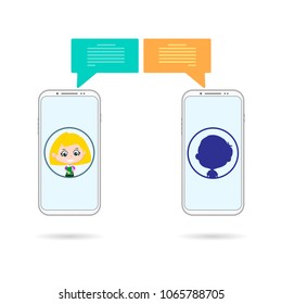 Chating with unknown person by phone. Two white mobile phones with portrait and sihouette chat