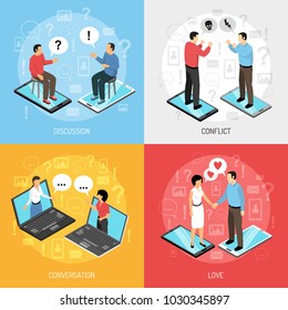Chatrooms online 4 isometric icons concept with dating discussions arguing solving problems resolving conflicts isolated vector illustration  