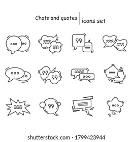 Chats and quotes icons set. Cartoon style comic book speech bubble linear pictograms. Communication, citation and messaging concept. Editable stoke vector illustrations for web, graphic design and ui