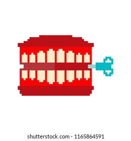 Chatter teeth toy pixel art. April Fools Day symbol. 8 bit Jaw toy vector illustration